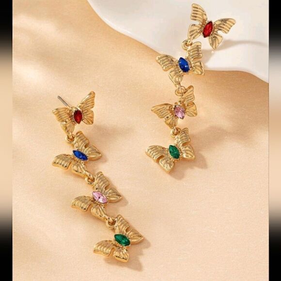 Gold Butterfly Drop Earrings - Picture 3 of 4